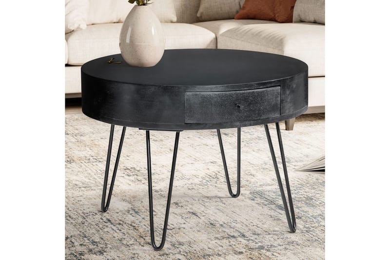 Soffbord Wohnling massivt trä 60 cm rund med låda, lantlig stil Svart - Svart - Möbler - Bord & matgrupp - Soffbord