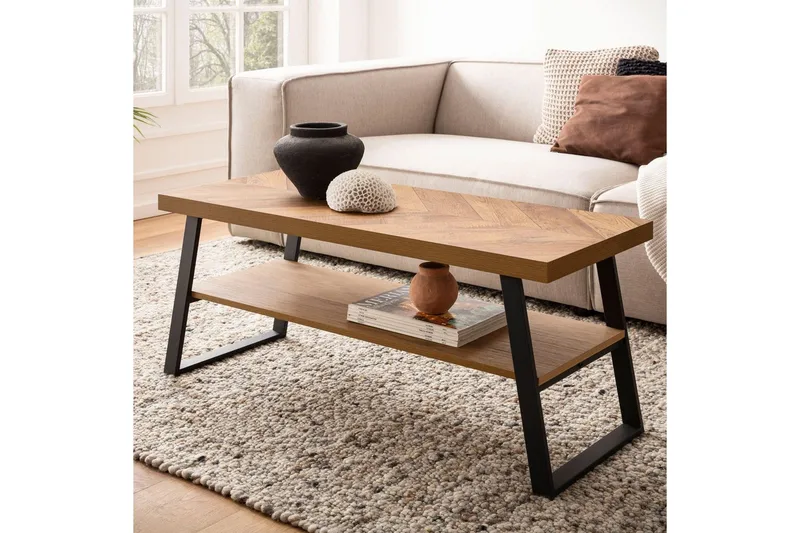 Soffbord Wohnling Massivt trä fiskbensmönster förvaringsutrymme 100 cm - Möbler - Bord & matgrupp - Soffbord