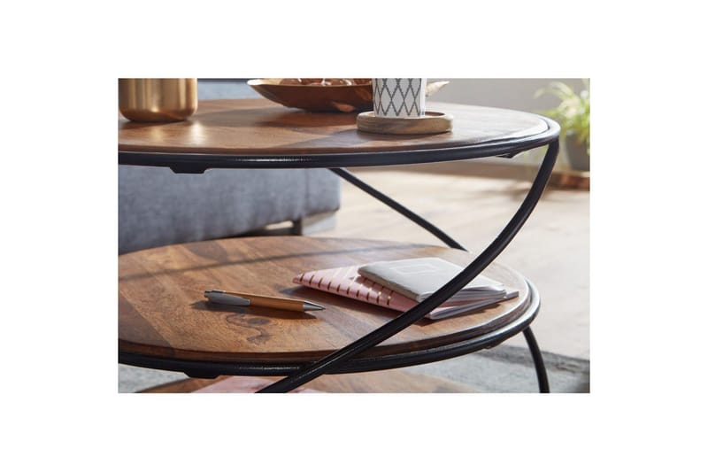 Soffbord Wohnling Massivt trä rund 58 cm med 2 brickor cirkel metallram - Möbler - Bord & matgrupp - Soffbord