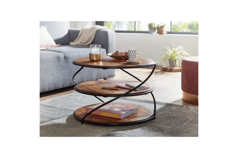 Soffbord Wohnling Massivt trä rund 58 cm med 2 brickor cirkel metallram - Möbler - Bord & matgrupp - Soffbord