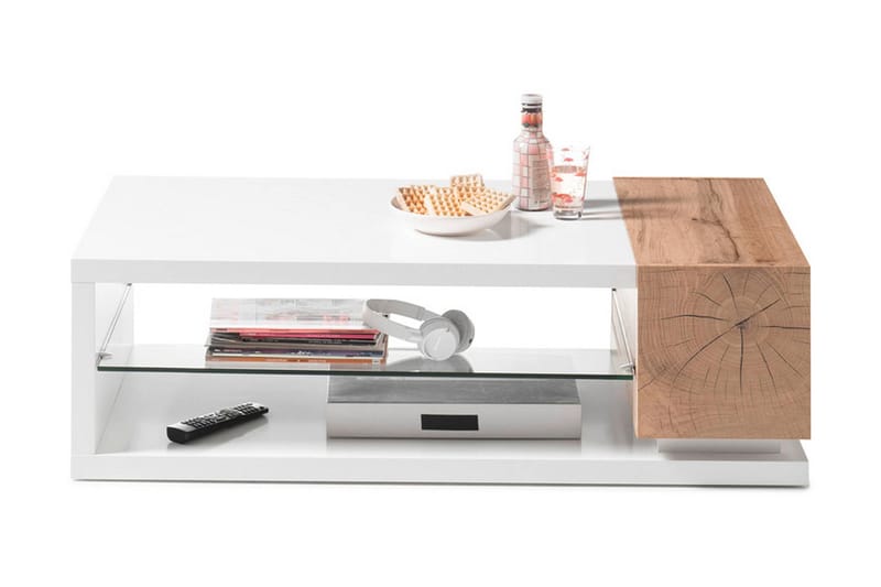 Soffbord Plomari 120 cm med Förvaring Hylla - Glas/Natur/Vit - Soffbord