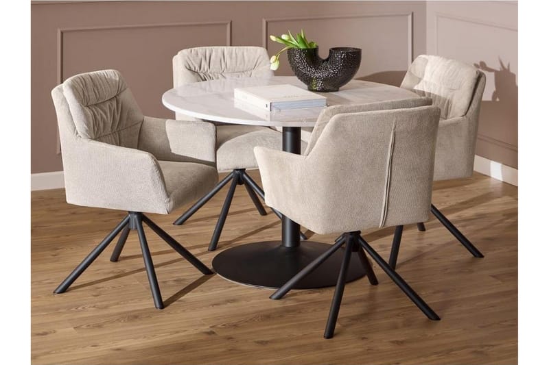 Stabby Matgrupp Rund 110 cm + 4 st Matstolar, Svart/Vit/Beige