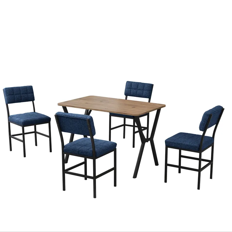 Stedum Matgrupp Bord 110 cm + 4 Stolar, Marinblå Och Valnöt