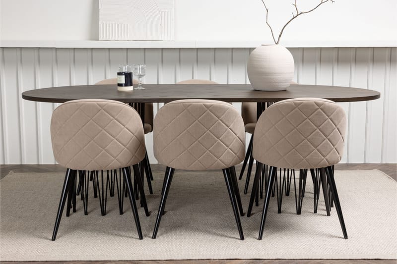Stone Matgrupp 220 cm Rektangulär med 6 Velvet stolar - Beige - Möbler - Bord & matgrupp - Matgrupp