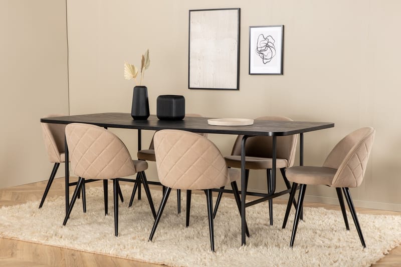 Uno Matgrupp 200 cm Rektangulär med 6 Velvet stolar - Beige - Möbler - Bord & matgrupp - Matgrupp