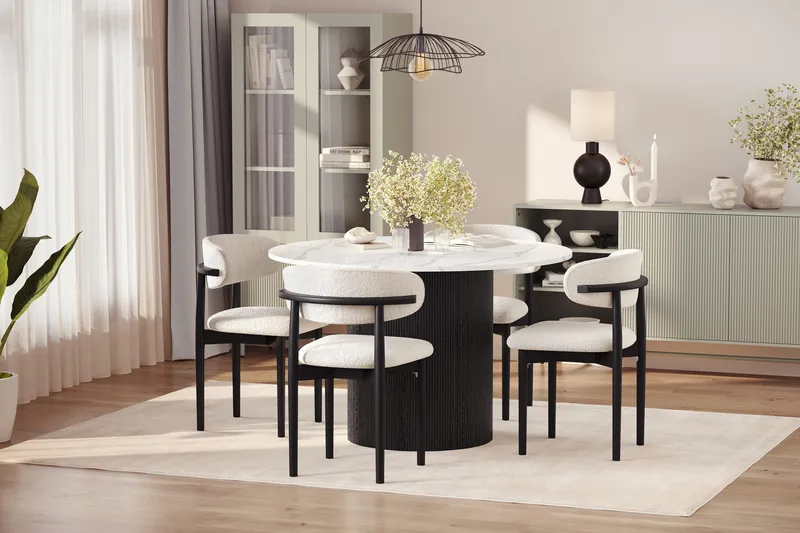 Uppveda Matbord 120 cm Rund med 4 st Jaiveer Matstolar - Svart/Vit - Möbler - Bord & matgrupp - Matgrupp