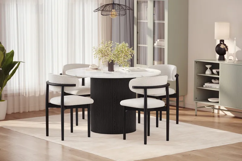 Uppveda Matbord 120 cm Rund med 4 st Jaiveer Matstolar - Svart/Vit - Möbler - Bord & matgrupp - Matgrupp
