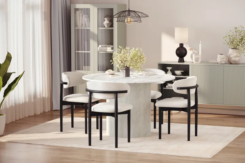 Uppveda Matbord 120 cm Rund med 4 st Jaiveer Matstolar - Vit - Möbler - Bord & matgrupp - Matgrupp