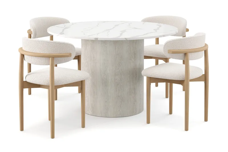 Uppveda Matbord 120 cm Rund med 4 st Jaiveer Matstolar, Vit