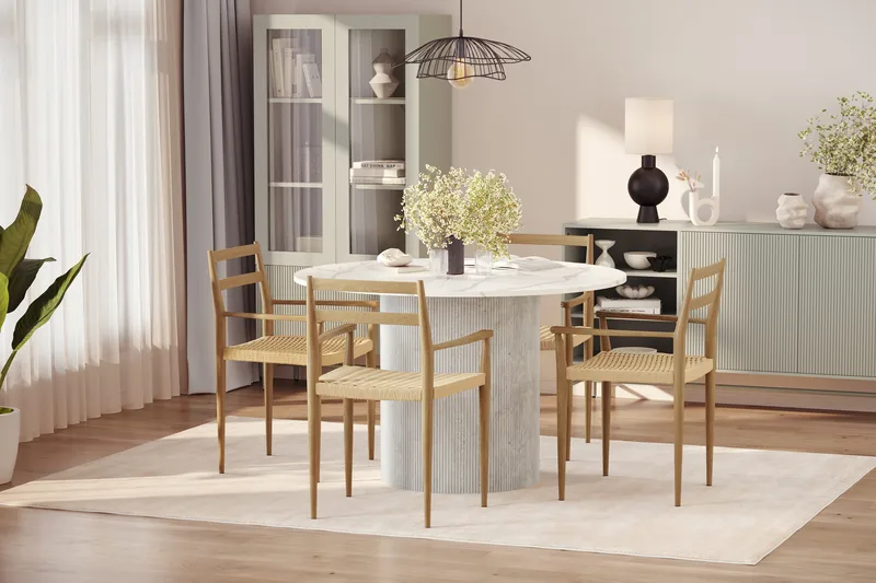 Uppveda Matbord 120 cm Rund med 4 st Jamna Karmstolar - Vit - Möbler - Bord & matgrupp - Matgrupp