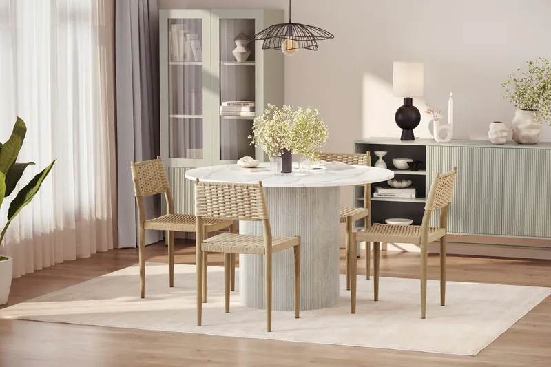 Uppveda Matbord 120 cm Rund med 4 st Jamna Matstolar - Vit - Möbler - Bord & matgrupp - Matgrupp