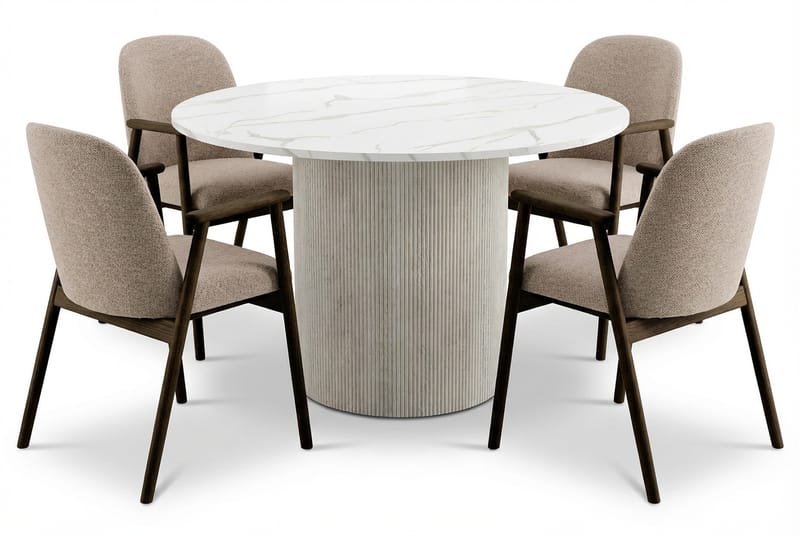 Uppveda Matbord 120 cm Rund Vitt med 4 Reciclar Matstolar, Vit/Greige