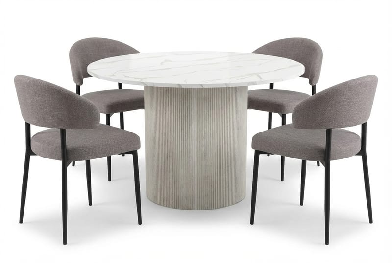 Uppveda Matbord 120 cm Runt Vitt med 4 Sawako Greige Stolar, Vit/Greige