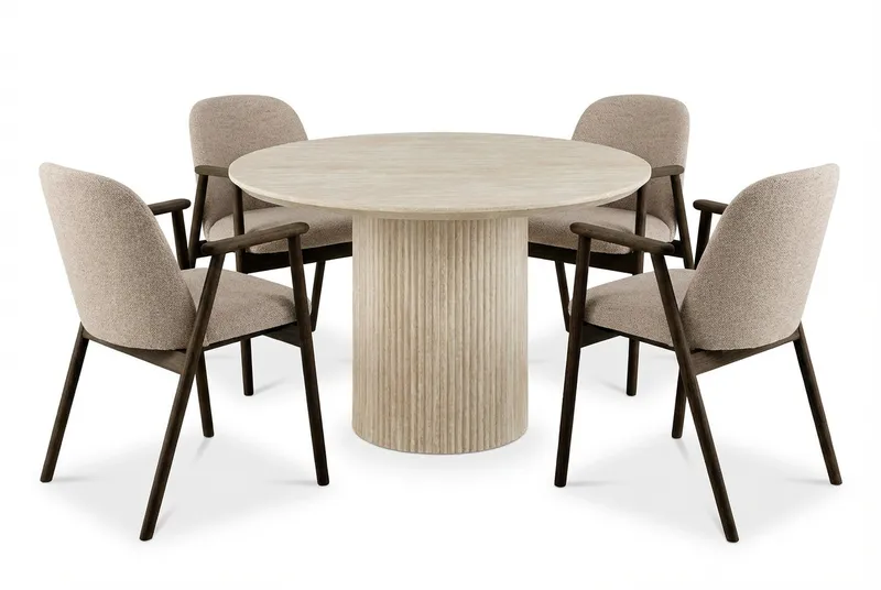 Uppveda Matbord Runt 120 cm Travertin med 4 Reciclar Matstolar, Travertin/Greige