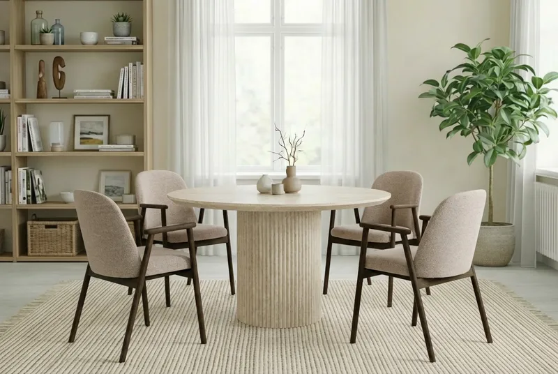 Uppveda Matbord Runt 120 cm Travertin med 4 Reciclar Matstolar - Travertin/Greige - Möbler - Bord & matgrupp - Matgrupp