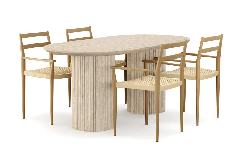 Uppveda Matbord Travetin utseende med 4 st Jamna Karmstolar, Beige