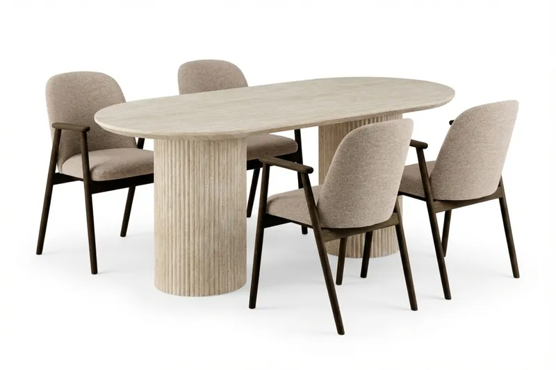 Uppveda Matgrupp 180 cm Oval Travertin med 4 Reciclar Matstolar, Travertin/Greige