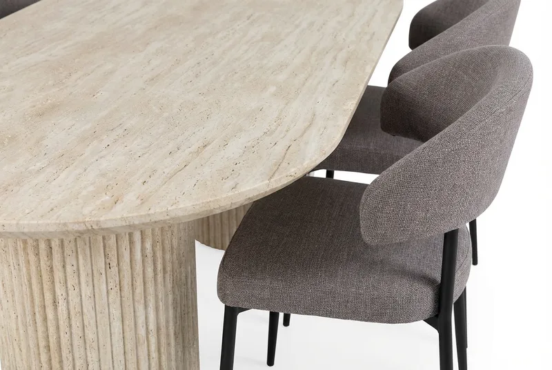 Uppveda Ovalt Matbord 180x90 cm med 4 Sawako Greige Stolar - Travertin/Greige - Möbler - Bord & matgrupp - Matgrupp