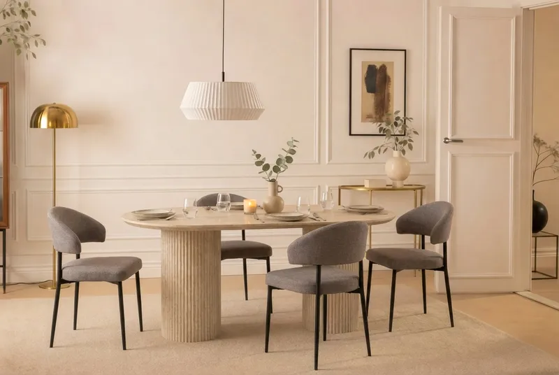 Uppveda Ovalt Matbord 180x90 cm med 4 Sawako Greige Stolar - Travertin/Greige - Möbler - Bord & matgrupp - Matgrupp