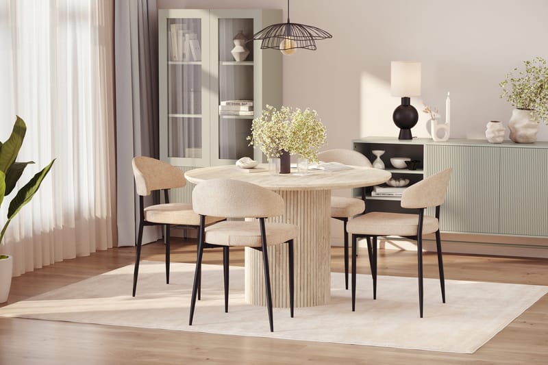 Uppveda Runt Matbord 120cm Travetin utseende med 4 st Jairam Matstolar - Beige - Möbler - Bord & matgrupp - Matgrupp