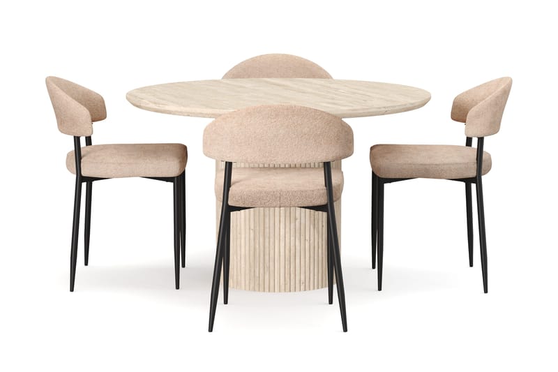 Uppveda Runt Matbord 120cm Travetin utseende med 4 st Jairam Matstolar - Beige - Möbler - Bord & matgrupp - Matgrupp