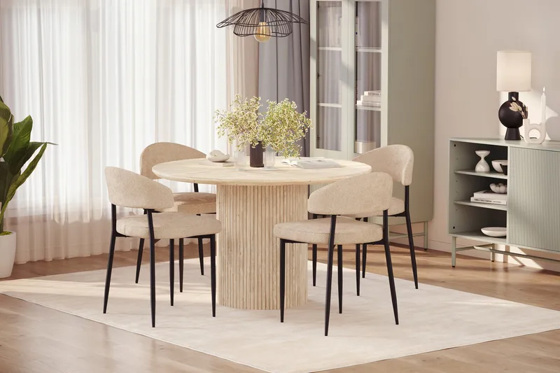 Uppveda Runt Matbord 120cm Travetin utseende med 4 st Jairam Matstolar - Beige - Möbler - Bord & matgrupp - Matgrupp