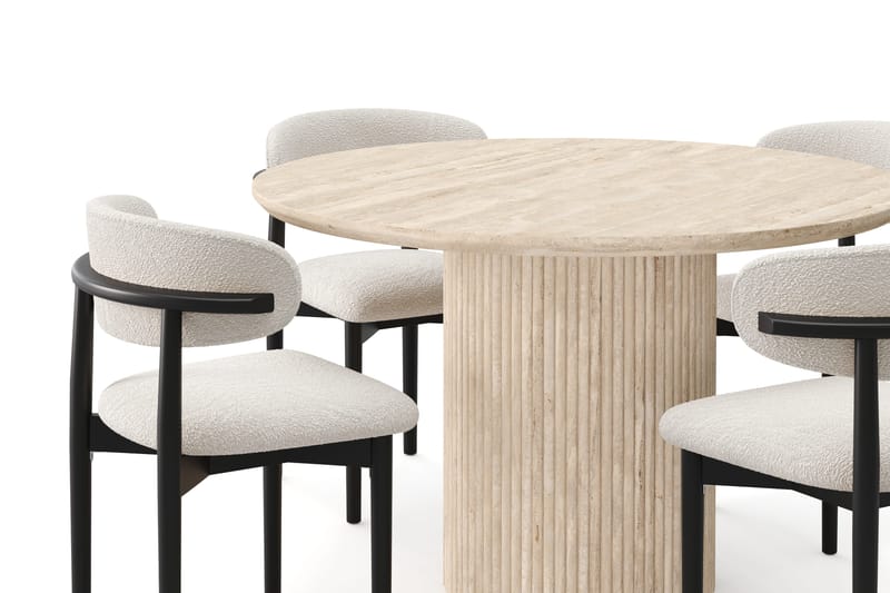 Uppveda Runt Matbord 120cm Travetin utseende med 4 st Jaiveer Matstolar - Beige - Möbler - Bord & matgrupp - Matgrupp