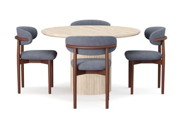 Uppveda Runt Matbord 120cm Travetin utseende med 4 st Jaiveer Matstolar - Beige - Möbler - Bord & matgrupp - Matgrupp