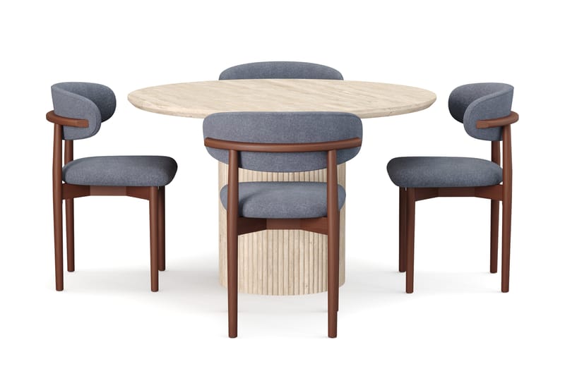 Uppveda Runt Matbord 120cm Travetin utseende med 4 st Jaiveer Matstolar - Beige - Möbler - Bord & matgrupp - Matgrupp