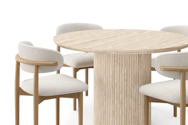 Uppveda Runt Matbord 120cm Travetin utseende med 4 st Jaiveer Matstolar - Beige - Möbler - Bord & matgrupp - Matgrupp