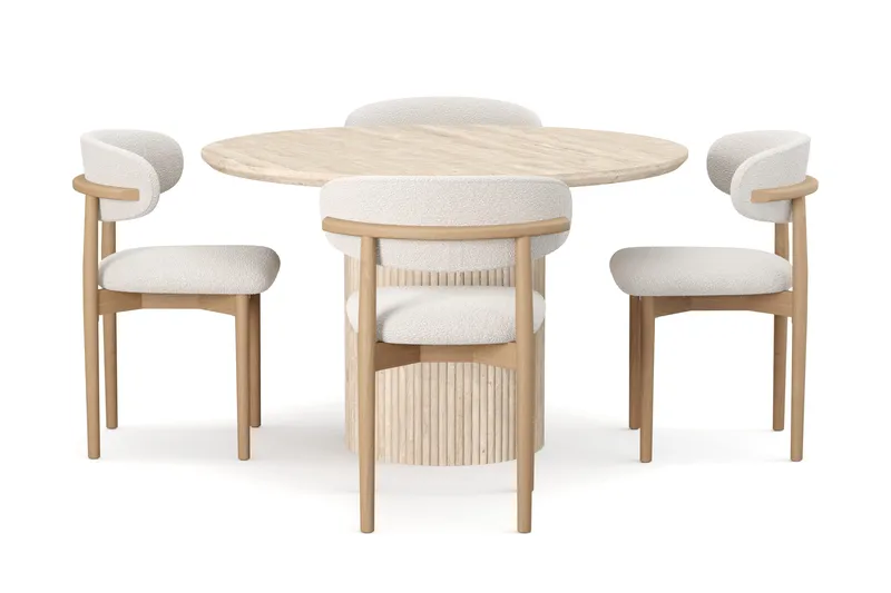 Uppveda Runt Matbord 120cm Travetin utseende med 4 st Jaiveer Matstolar - Beige - Möbler - Bord & matgrupp - Matgrupp