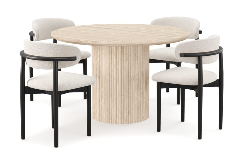 Uppveda Runt Matbord 120cm Travetin utseende med 4 st Jaiveer Matstolar - Beige - Möbler - Bord & matgrupp - Matgrupp