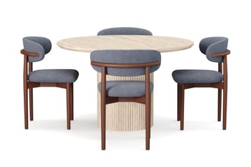 Uppveda Runt Matbord 120cm Travetin utseende med 4 st Jaiveer Matstolar - Beige - Möbler - Bord & matgrupp - Matgrupp