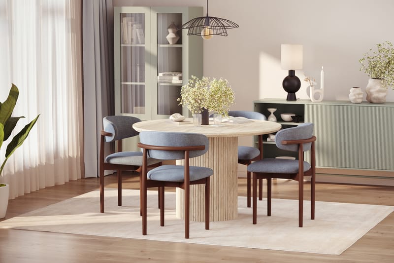 Uppveda Runt Matbord 120cm Travetin utseende med 4 st Jaiveer Matstolar - Beige - Möbler - Bord & matgrupp - Matgrupp