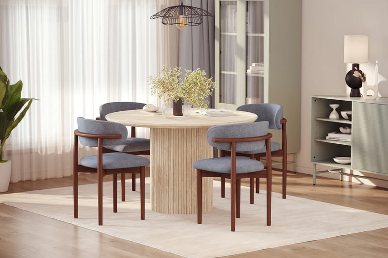 Uppveda Runt Matbord 120cm Travetin utseende med 4 st Jaiveer Matstolar - Beige - Möbler - Bord & matgrupp - Matgrupp