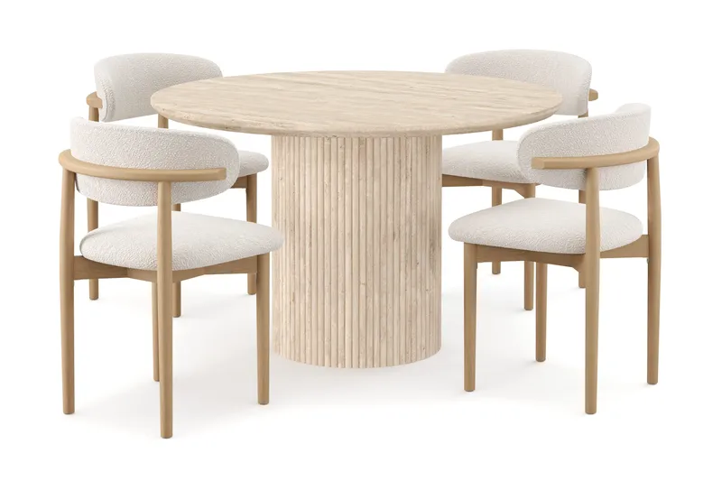 Uppveda Runt Matbord 120cm Travetin utseende med 4 st Jaiveer Matstolar, Beige