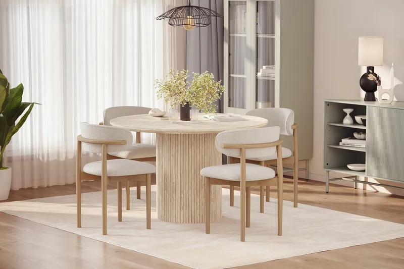 Uppveda Runt Matbord 120cm Travetin utseende med 4 st Jaiveer Matstolar - Beige - Möbler - Bord & matgrupp - Matgrupp