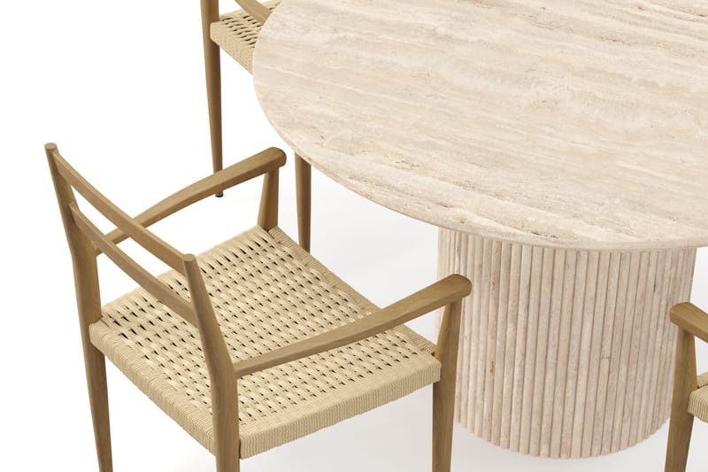Uppveda Runt Matbord 120cm Travetin utseende med 4 st Jamna Karmstolar - Beige - Möbler - Bord & matgrupp - Matgrupp