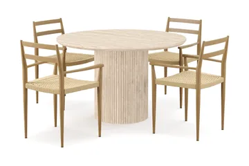 Uppveda Runt Matbord 120cm Travetin utseende med 4 st Jamna Karmstolar - Beige - Möbler - Bord & matgrupp - Matgrupp