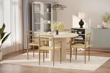 Uppveda Runt Matbord 120cm Travetin utseende med 4 st Jamna Karmstolar - Beige - Möbler - Bord & matgrupp - Matgrupp