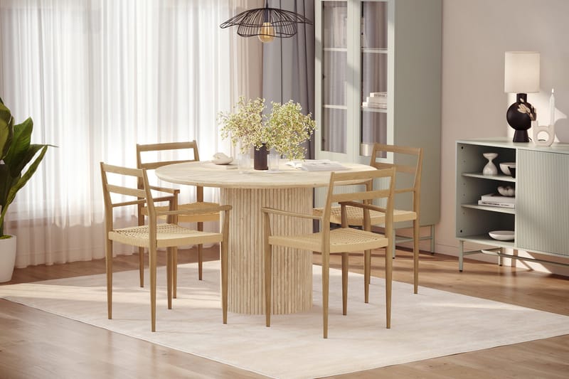 Uppveda Runt Matbord 120cm Travetin utseende med 4 st Jamna Karmstolar - Beige - Möbler - Bord & matgrupp - Matgrupp