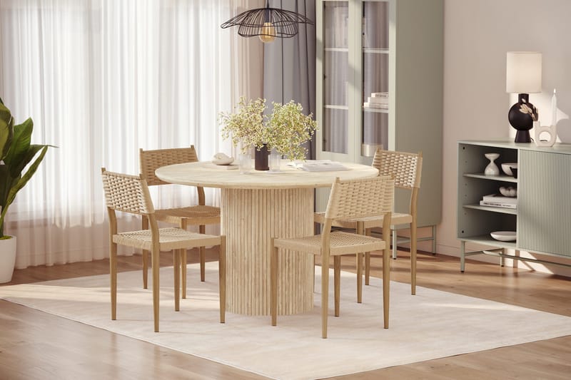 Uppveda Runt Matbord 120cm Travetin utseende med 4 st Jamna Matstolar - Beige - Möbler - Bord & matgrupp - Matgrupp