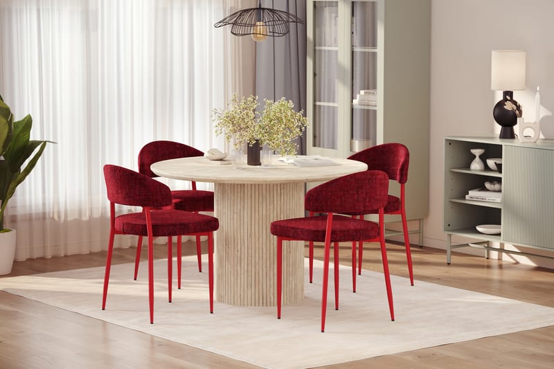 Uppveda Runt Matbord 130cm Travetin utseende med 4 st Jairam Matstolar - Beige - Möbler - Bord & matgrupp - Matgrupp