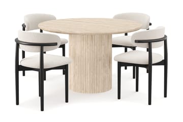 Uppveda Runt Matbord 130cm Travetin utseende med 4 st Jaiveer Matstolar - Beige - Möbler - Bord & matgrupp - Matgrupp
