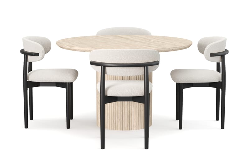 Uppveda Runt Matbord 130cm Travetin utseende med 4 st Jaiveer Matstolar - Beige - Möbler - Bord & matgrupp - Matgrupp