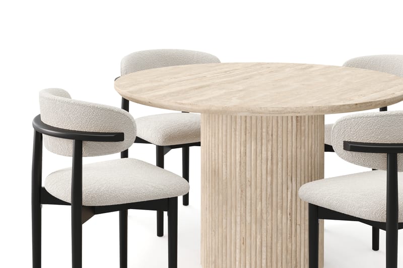 Uppveda Runt Matbord 130cm Travetin utseende med 4 st Jaiveer Matstolar - Beige - Möbler - Bord & matgrupp - Matgrupp