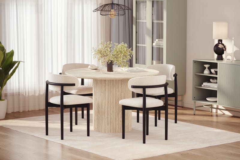 Uppveda Runt Matbord 130cm Travetin utseende med 4 st Jaiveer Matstolar - Beige - Möbler - Bord & matgrupp - Matgrupp
