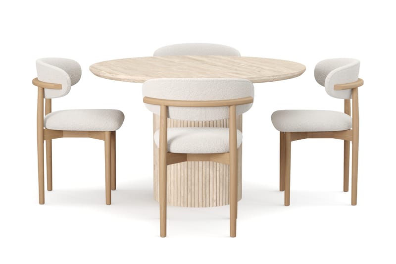 Uppveda Runt Matbord 130cm Travetin utseende med 4 st Jaiveer Matstolar - Beige - Möbler - Bord & matgrupp - Matgrupp