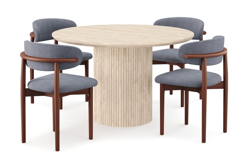 Uppveda Runt Matbord 130cm Travetin utseende med 4 st Jaiveer Matstolar - Beige - Möbler - Bord & matgrupp - Matgrupp
