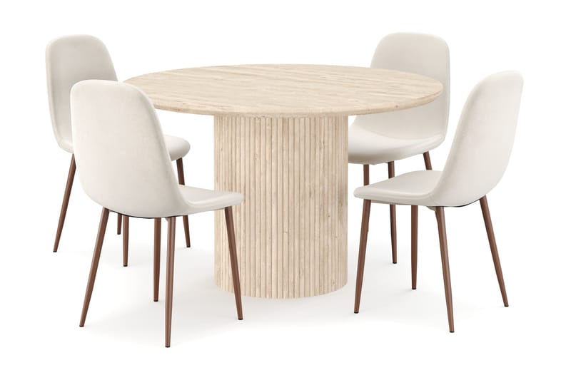 Uppveda Runt Matbord 130cm Travetin utseende med 4 st Nibe Matstolar - Beige - Möbler - Bord & matgrupp - Matgrupp